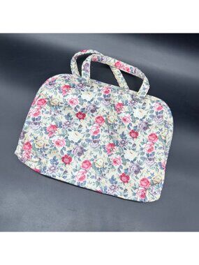 Vintage Floral Travel Makeup Bag Cottage 1980s Dual Handles Fabric Pink Rose USA